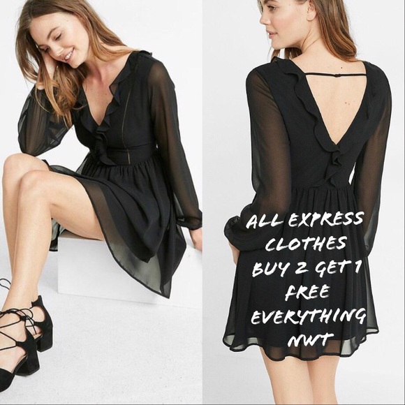 Express Dresses & Skirts - Express Black Plunging V-neck Ruffle Dress